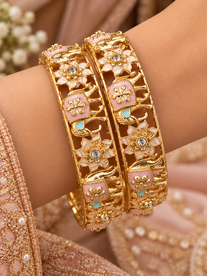 Pastel Pink Elephant Meenakari Gold Bangle Set