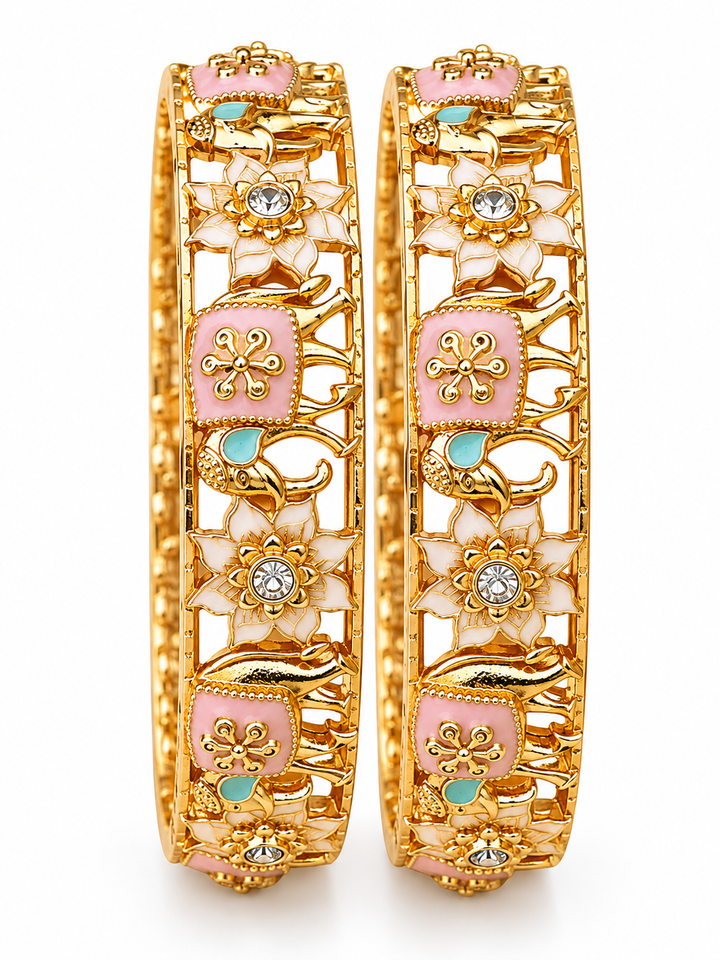 Pastel Pink Elephant Meenakari Gold Bangle Set