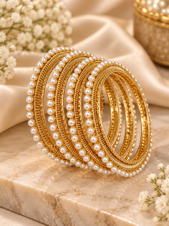 Classic Pearl Beaded Gold Rope Bangle Set of 4
