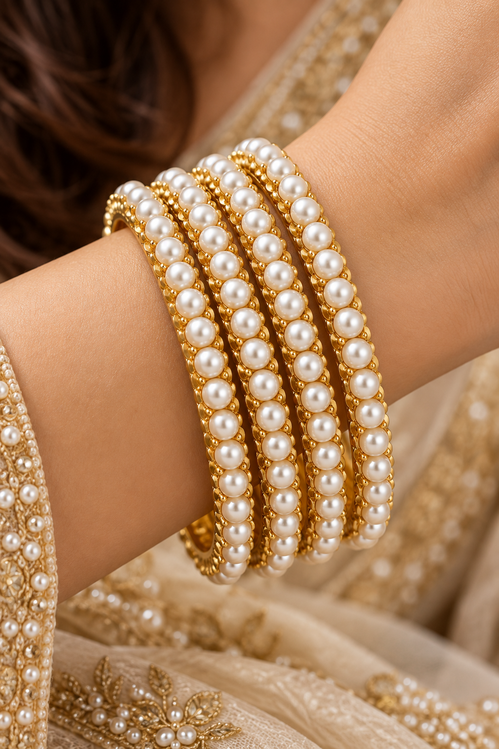 Classic Pearl Beaded Gold Rope Bangle Set of 4