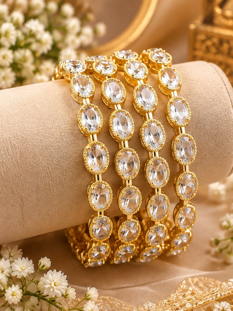 Oval Solitaire CZ Gold Bangle Set of 4