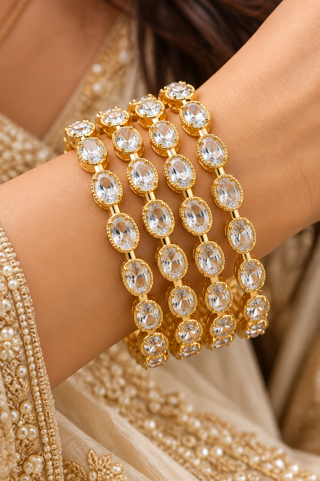 Oval Solitaire CZ Gold Bangle Set of 4