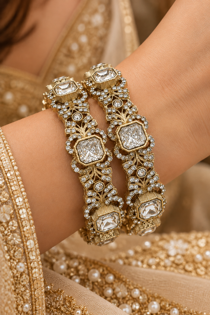 Gold-Tone Crystal Stone Bangles for Women | Party Wear Bridal Jewellery