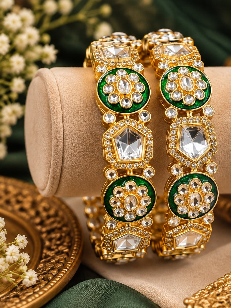 Green Meenakari Kundan Bangles for Women | Gold Tone Bridal Jewellery!