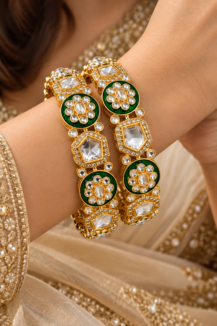 Green Meenakari Kundan Bangles for Women | Gold Tone Bridal Jewellery!