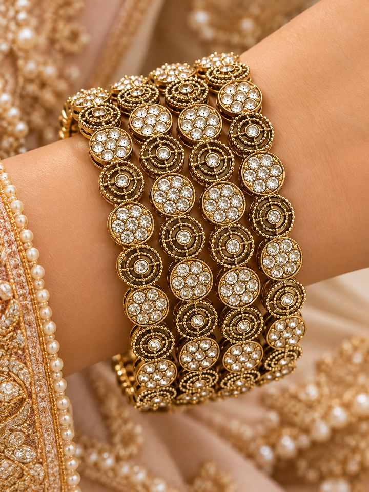 Set of 4 Gold Tone Crystal Stone Designer Bangles for Women Party Wear