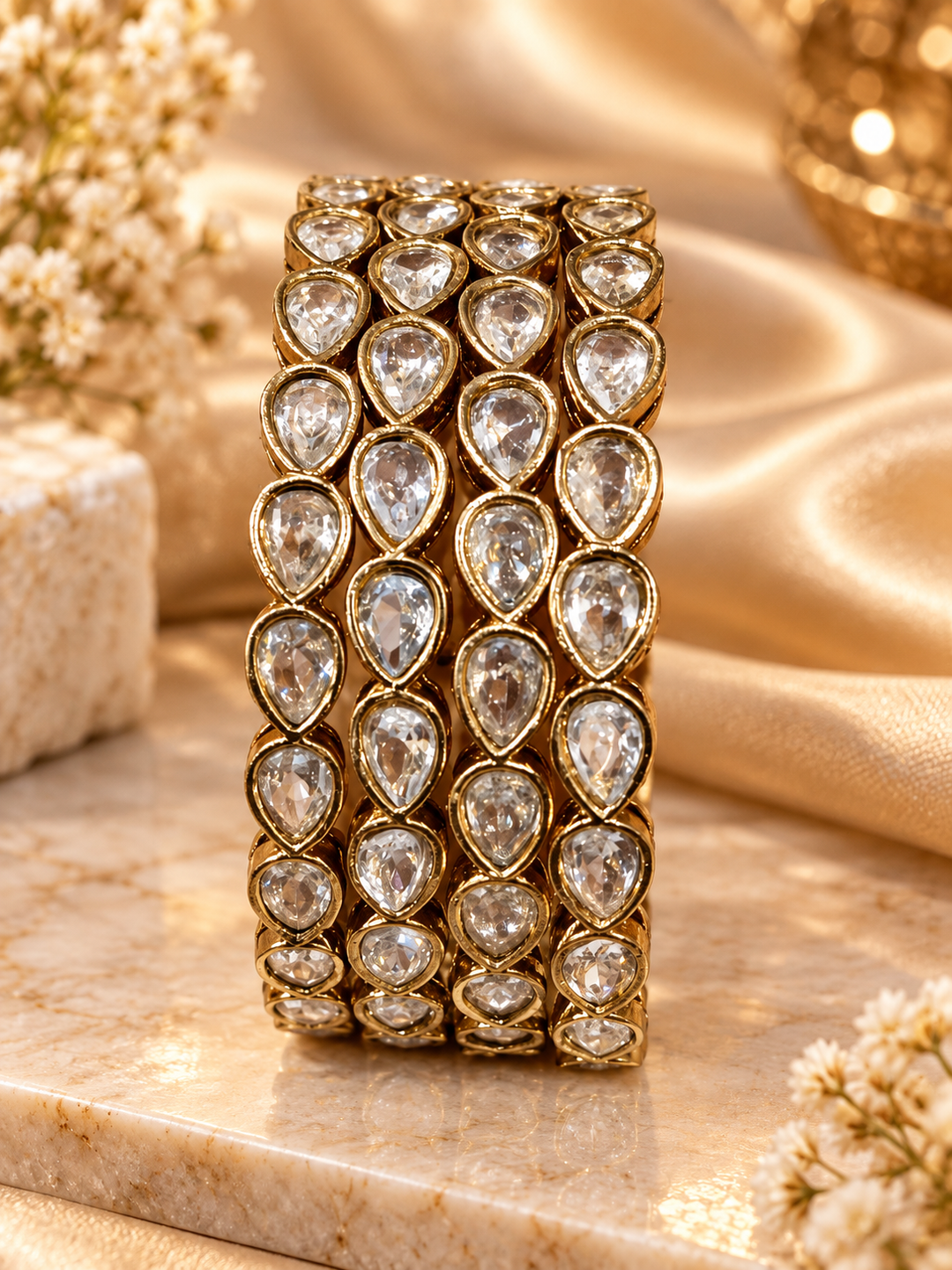 Set of 4 Gold Tone Teardrop Crystal Bangles for Women Party Wear Style