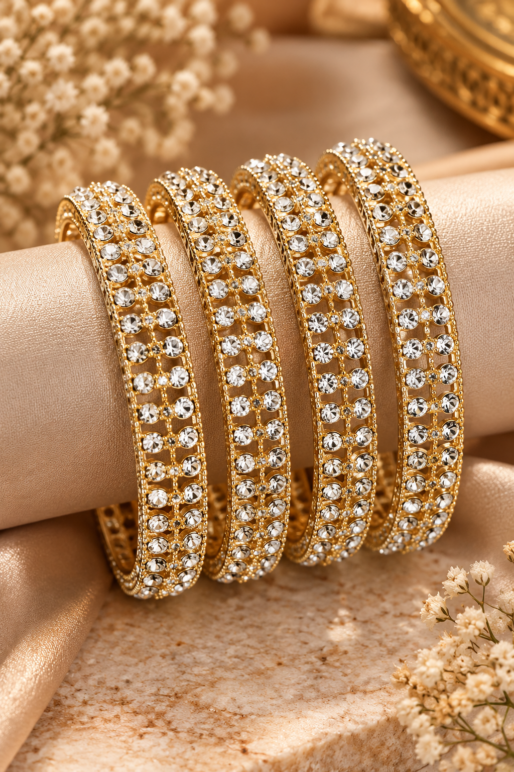 Set of 4 Gold Plated American Diamond AD Bangles for Women Traditional Bridal Crystal Chudi Set