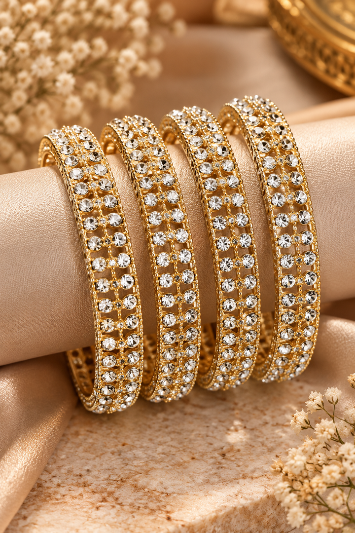 Set of 4 Gold Plated American Diamond AD Bangles for Women Traditional Bridal Crystal Chudi Set