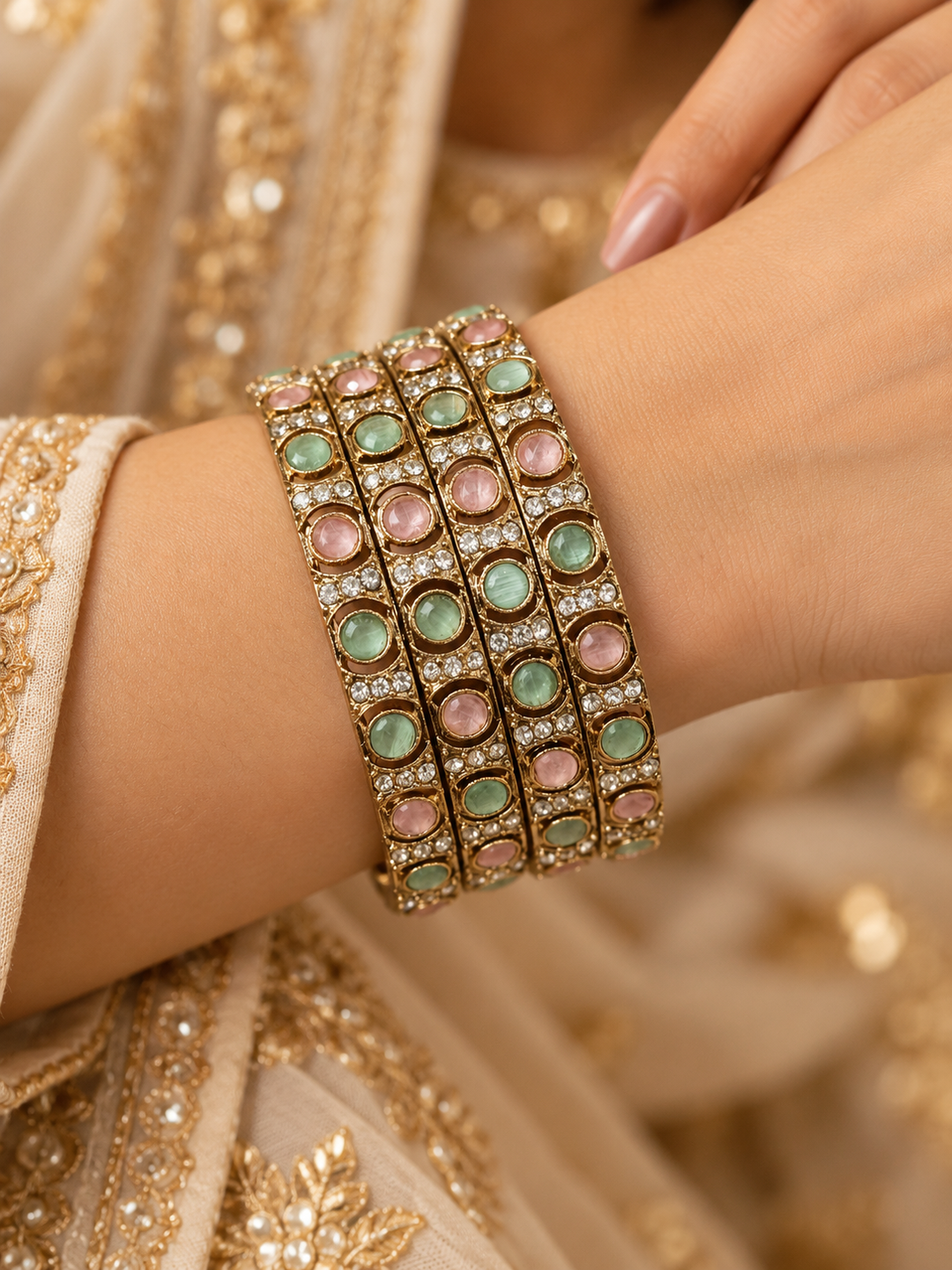 Pastel Stone AD Gold Plated Bangles SET OF 4 Bridal Chudi