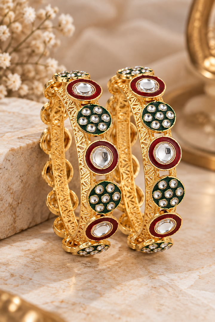 Red & Green Meenakari Kundan Bangle Set