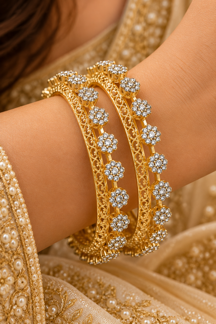 Gold Plated Floral American Diamond Bangle Set