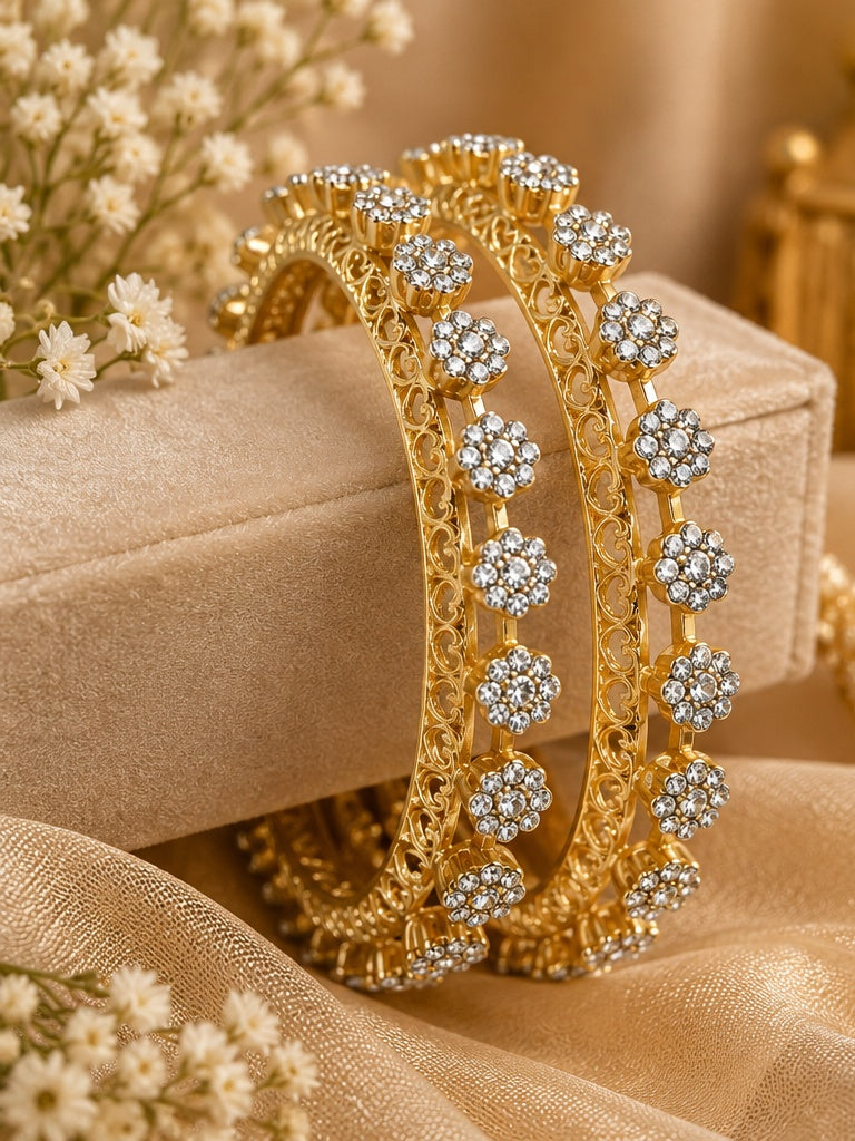 Gold Plated Floral American Diamond Bangle Set