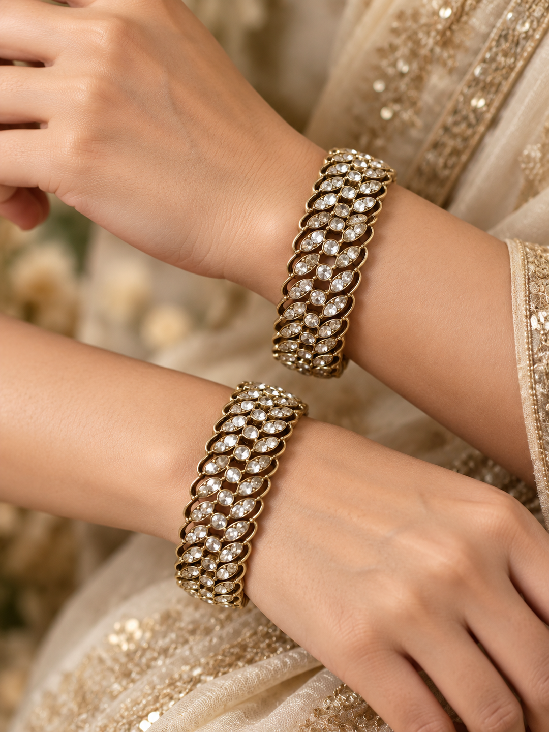 Premium Gold Plated American Diamond Broad Bangles Set of 2 Bridal Kada Chudi for Women