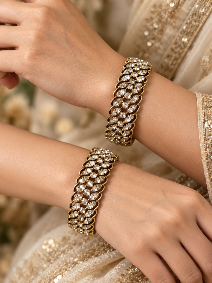 Premium Gold Plated American Diamond Broad Bangles Set of 2 Bridal Kada Chudi for Women