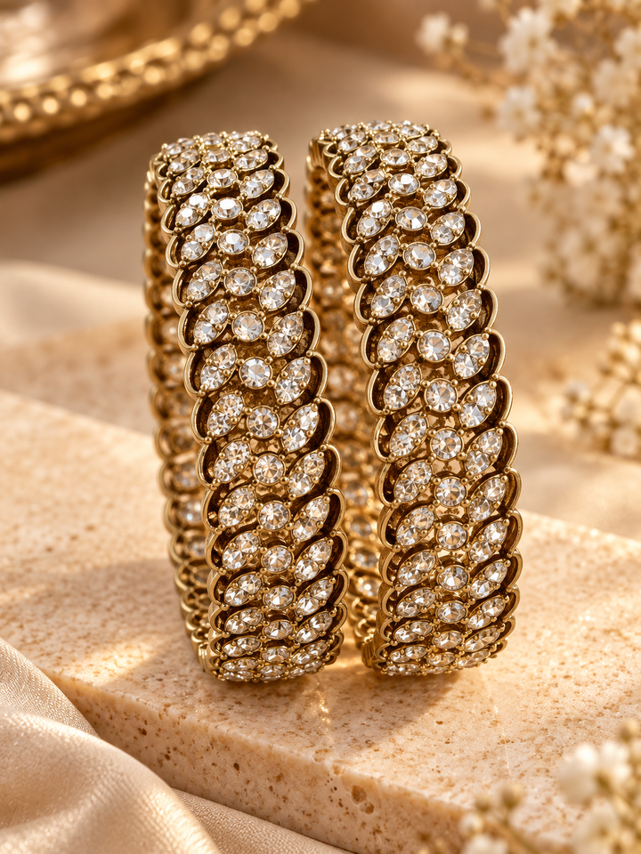 Premium Gold Plated American Diamond Broad Bangles Set of 2 Bridal Kada Chudi for Women