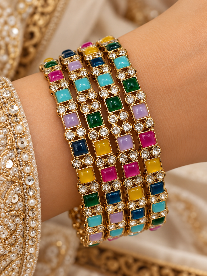 Multicolor Navratna Kundan Bangle Set Of 4