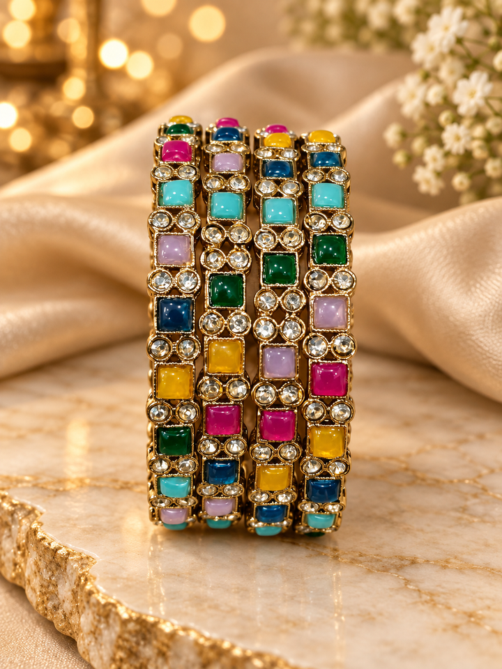 Multicolor Navratna Kundan Bangle Set Of 4