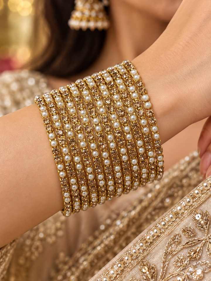 Gold Plated Pearl Bangle Set Of 12
