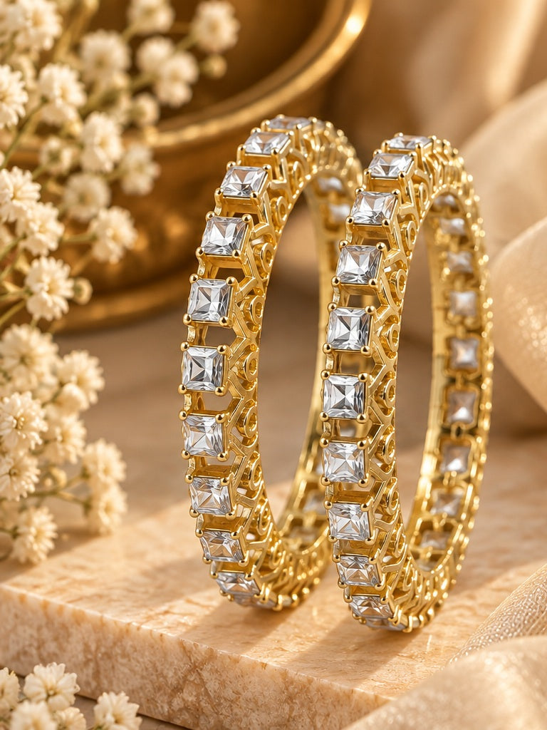 Gold Plated Square CZ Bangle Set Of 2