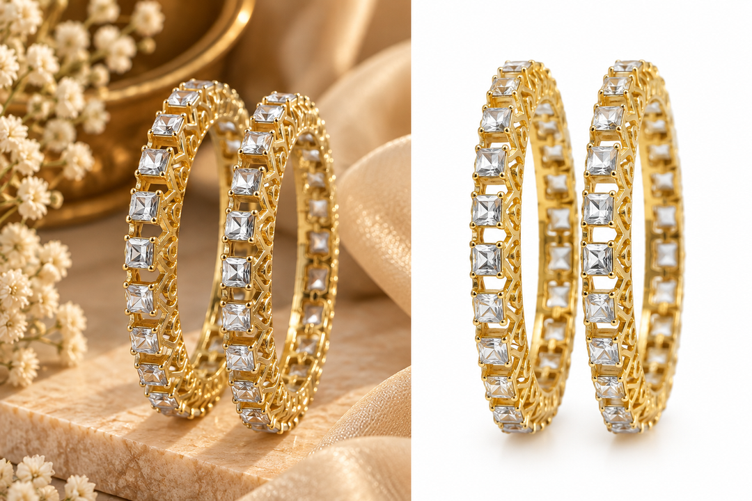 Gold Plated Square CZ Bangle Set Of 2