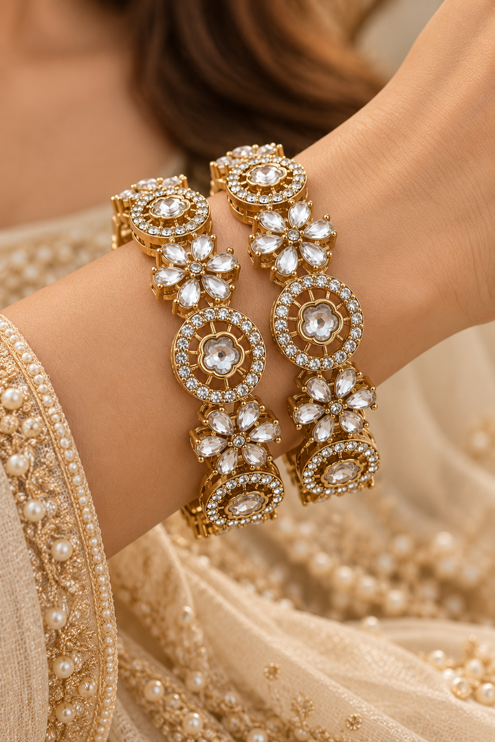 Royal Kundan Polki Antique Gold Openable Bangle Set