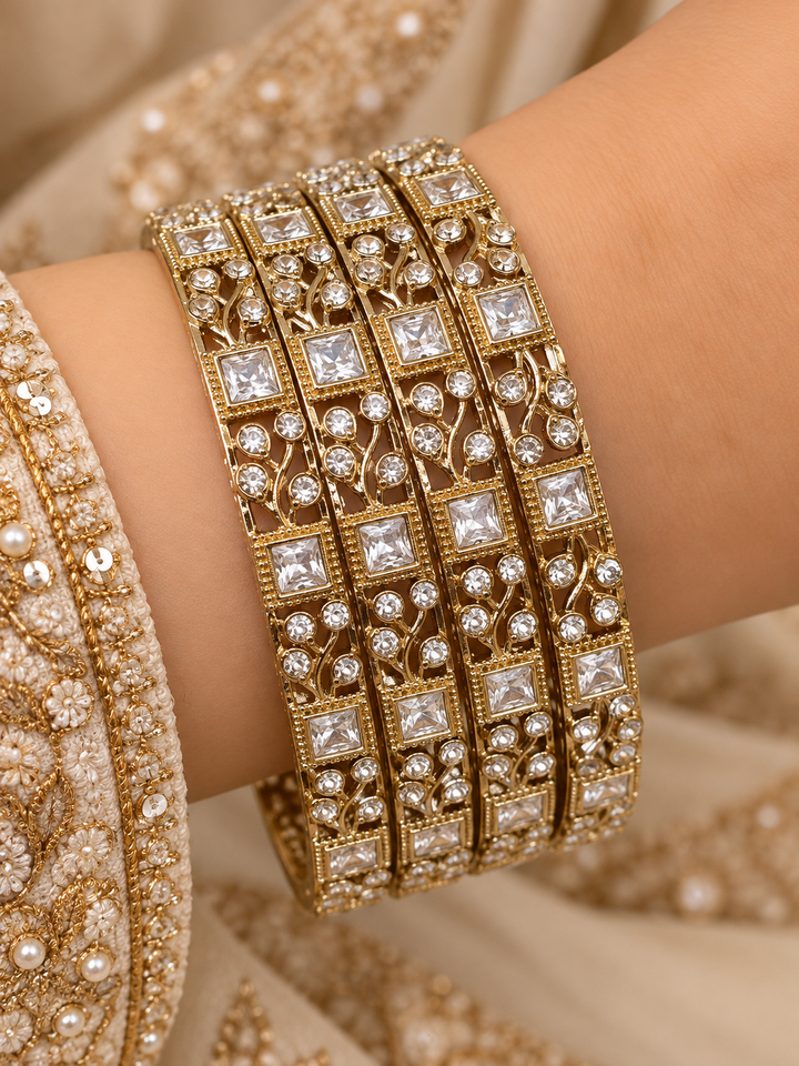 Gold Plated CZ Floral Bridal Bangle Set Of 4