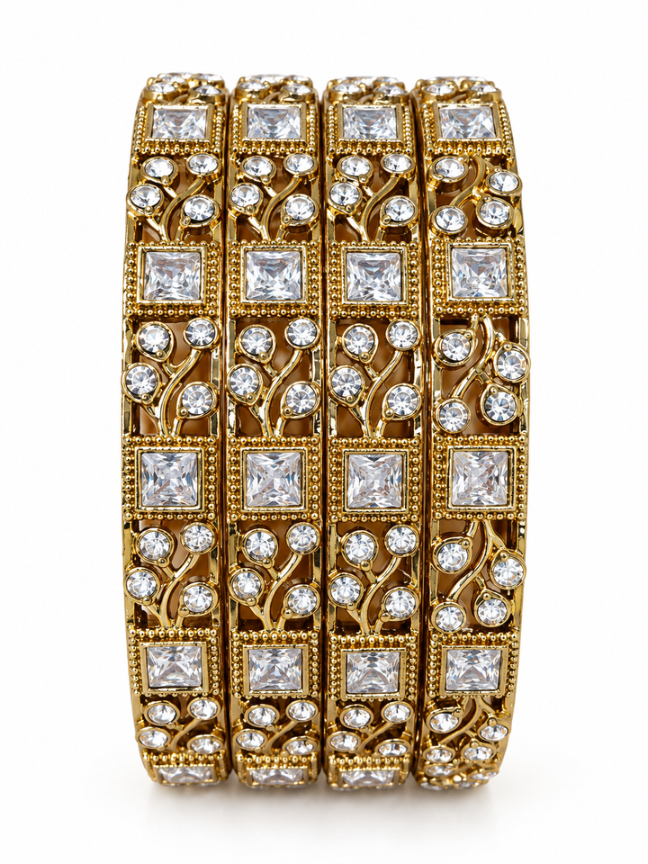 Gold Plated CZ Floral Bridal Bangle Set Of 4