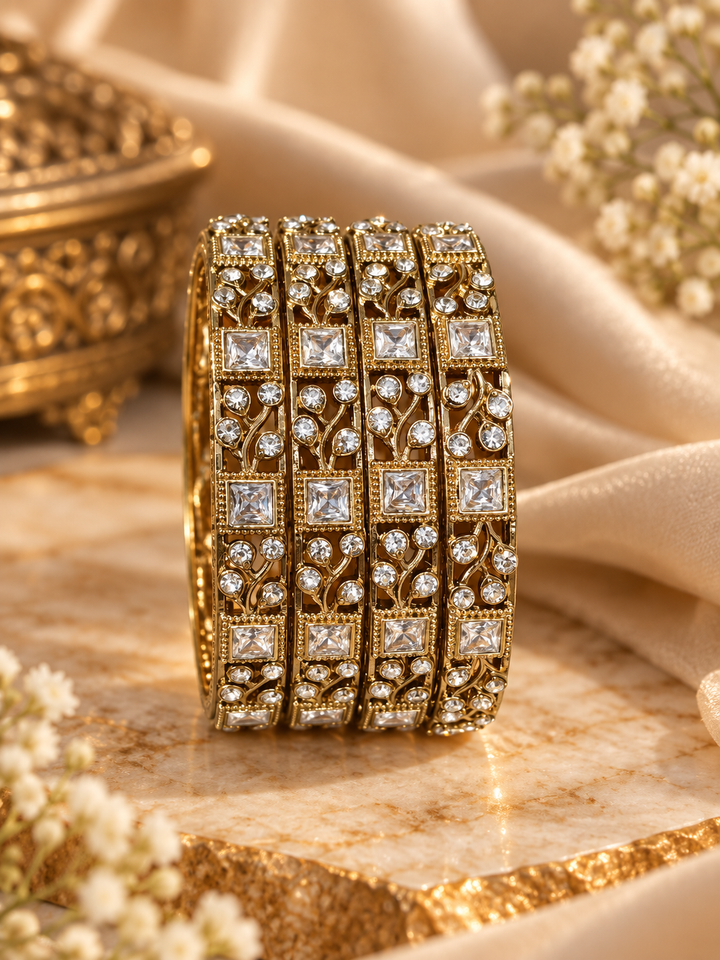 Gold Plated CZ Floral Bridal Bangle Set Of 4