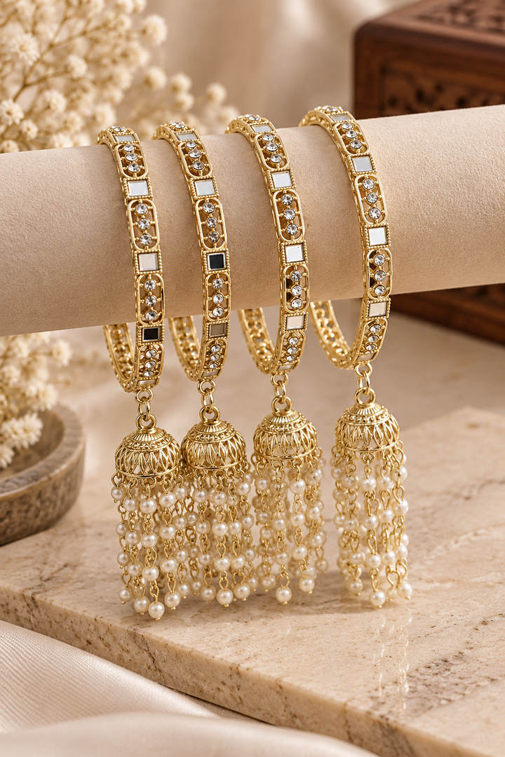 Mirror & Pearl Latkan Bangle Set Of 4