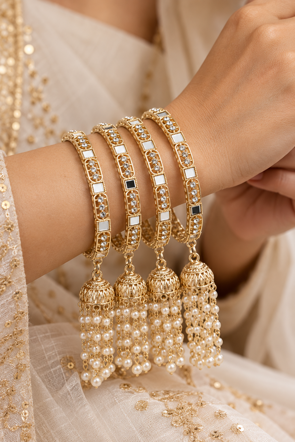 Mirror & Pearl Latkan Bangle Set Of 4
