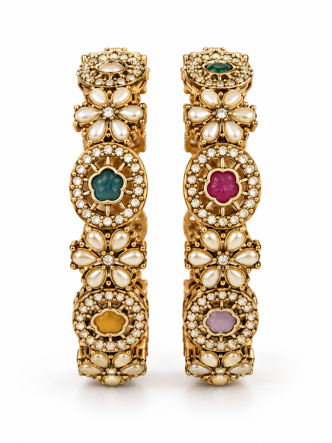 Multicolor Kundan Stone Antique Openable Bangle Set