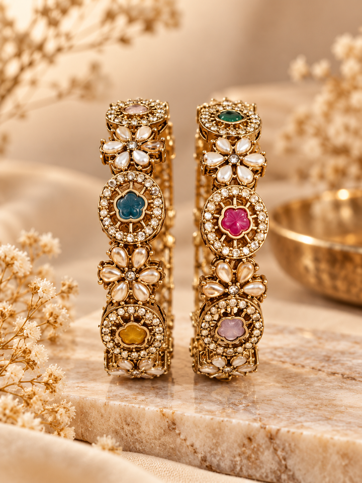 Multicolor Kundan Stone Antique Openable Bangle Set
