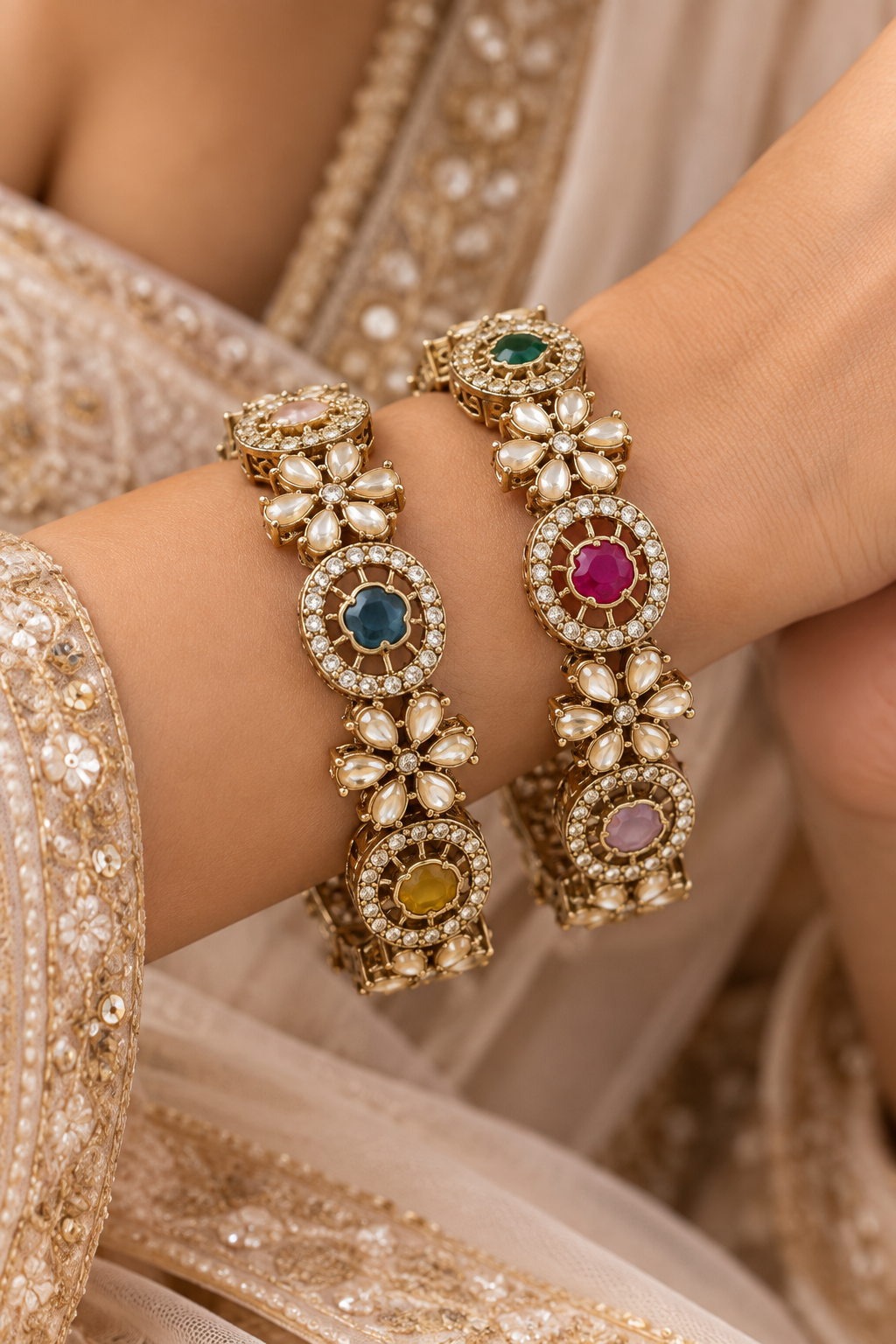 Multicolor Kundan Stone Antique Openable Bangle Set