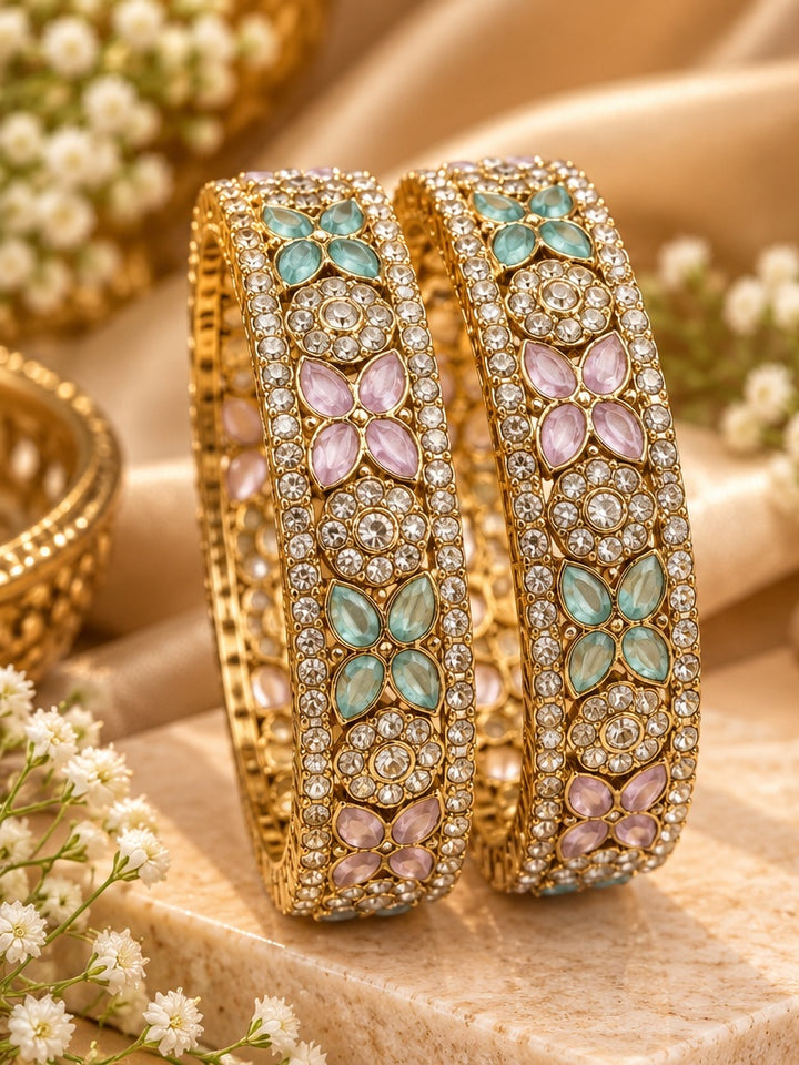 Pastel Mint Pink Kundan Antique Gold Bangle Set