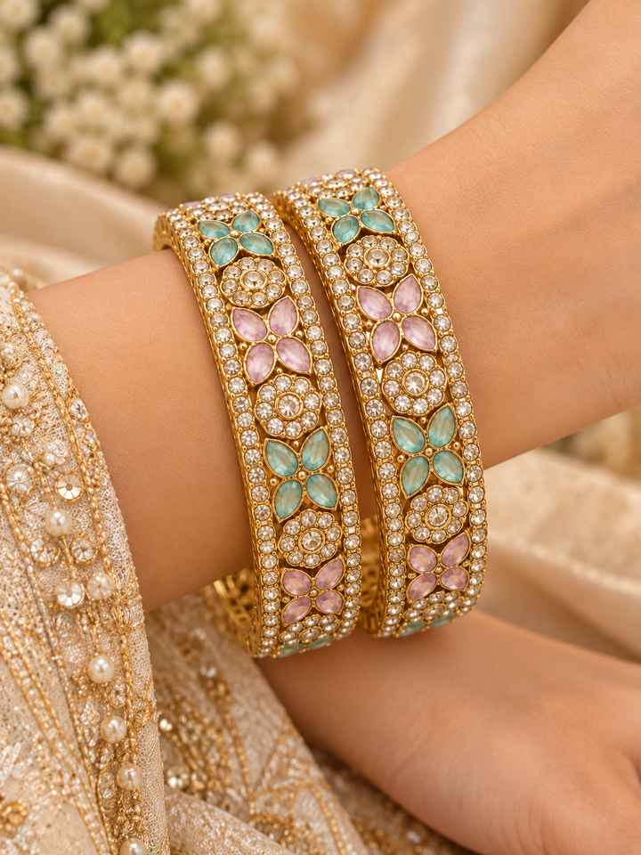 Pastel Mint Pink Kundan Antique Gold Bangle Set