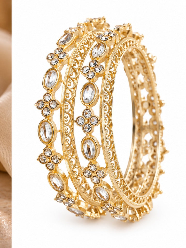 Delicate Oval Kundan Filigree Gold Bangle Set