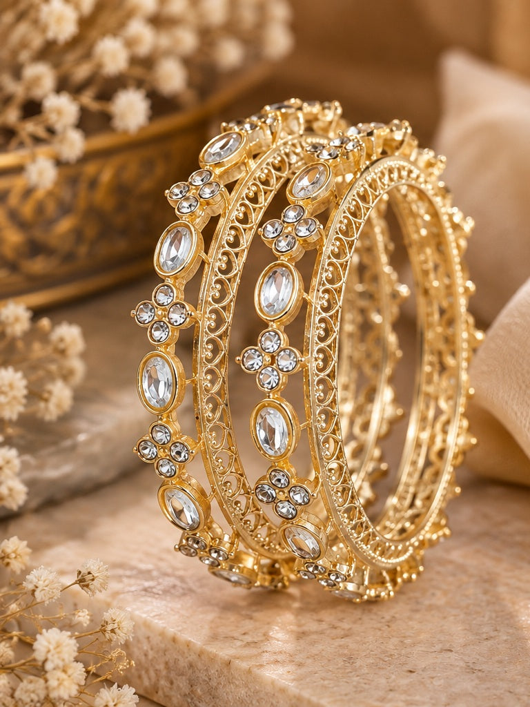 Delicate Oval Kundan Filigree Gold Bangle Set
