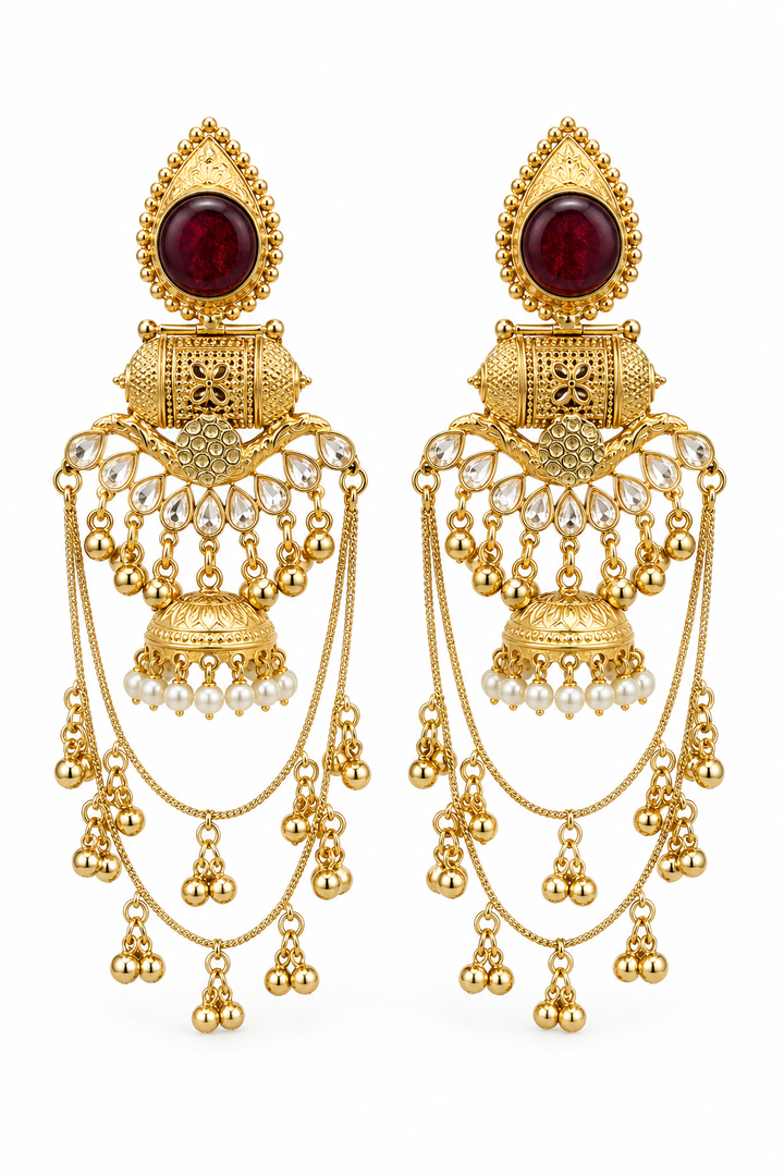 Brown Gold Bridal Jhumka Earrings With Pearl Chain Tassels Women