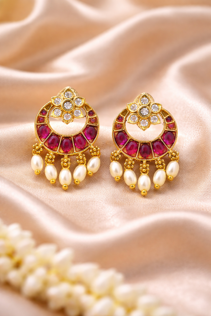 Kundan Pearl Chandbali Earrings for Women, Gold Plated Ethnic Wedding & Festive Wear Designer Earrings, Traditional Lightweight Bridal Party Wear Jewellery
