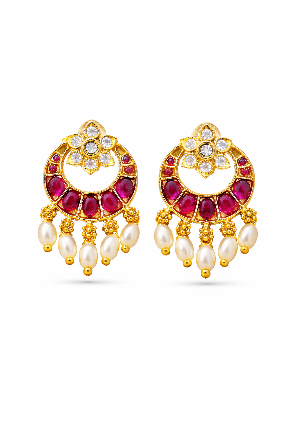 Kundan Pearl Chandbali Earrings for Women, Gold Plated Ethnic Wedding & Festive Wear Designer Earrings, Traditional Lightweight Bridal Party Wear Jewellery
