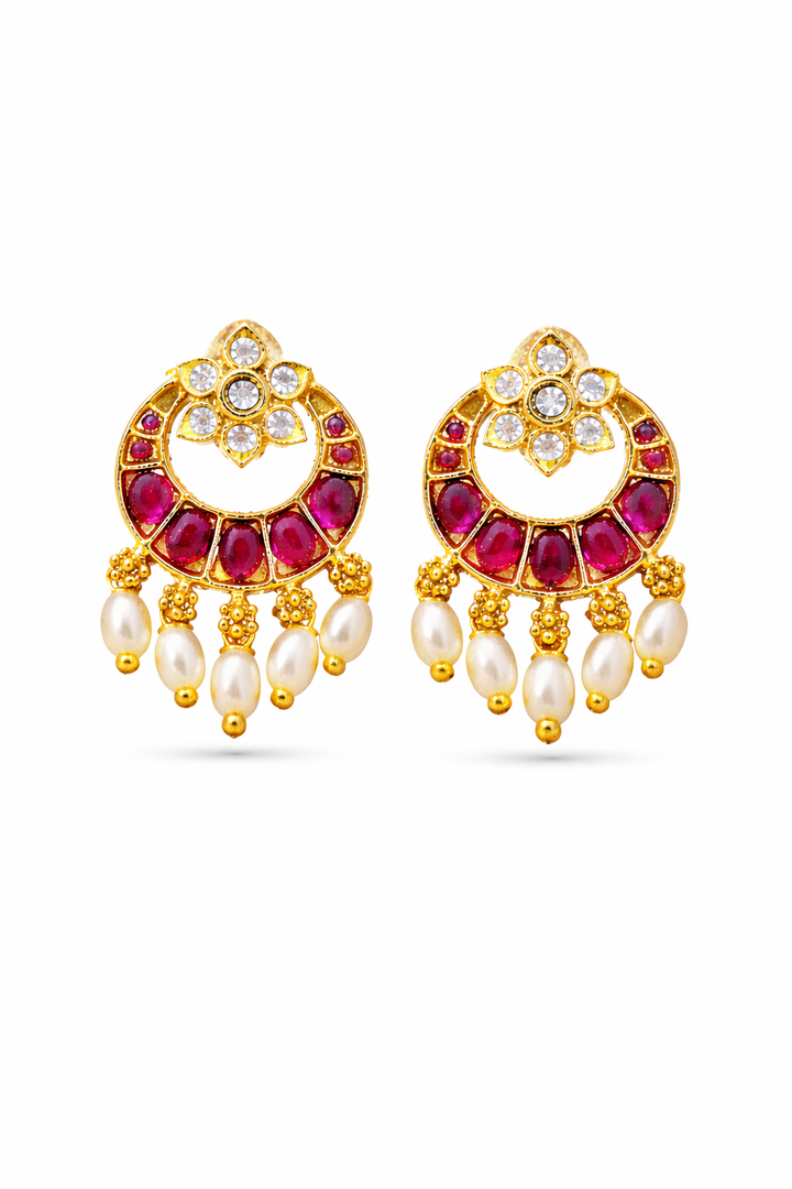 Kundan Pearl Chandbali Earrings for Women, Gold Plated Ethnic Wedding & Festive Wear Designer Earrings, Traditional Lightweight Bridal Party Wear Jewellery