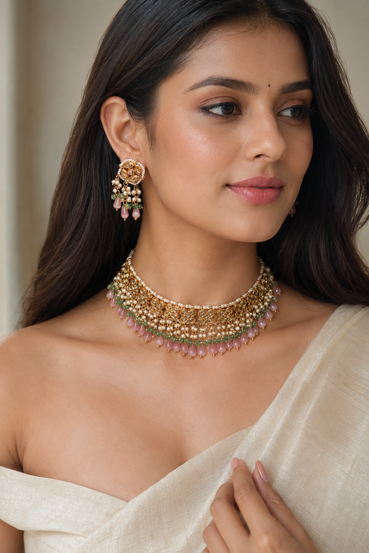 Dastoor Gold-Plated Peach Kundan Studded Jewellery Set