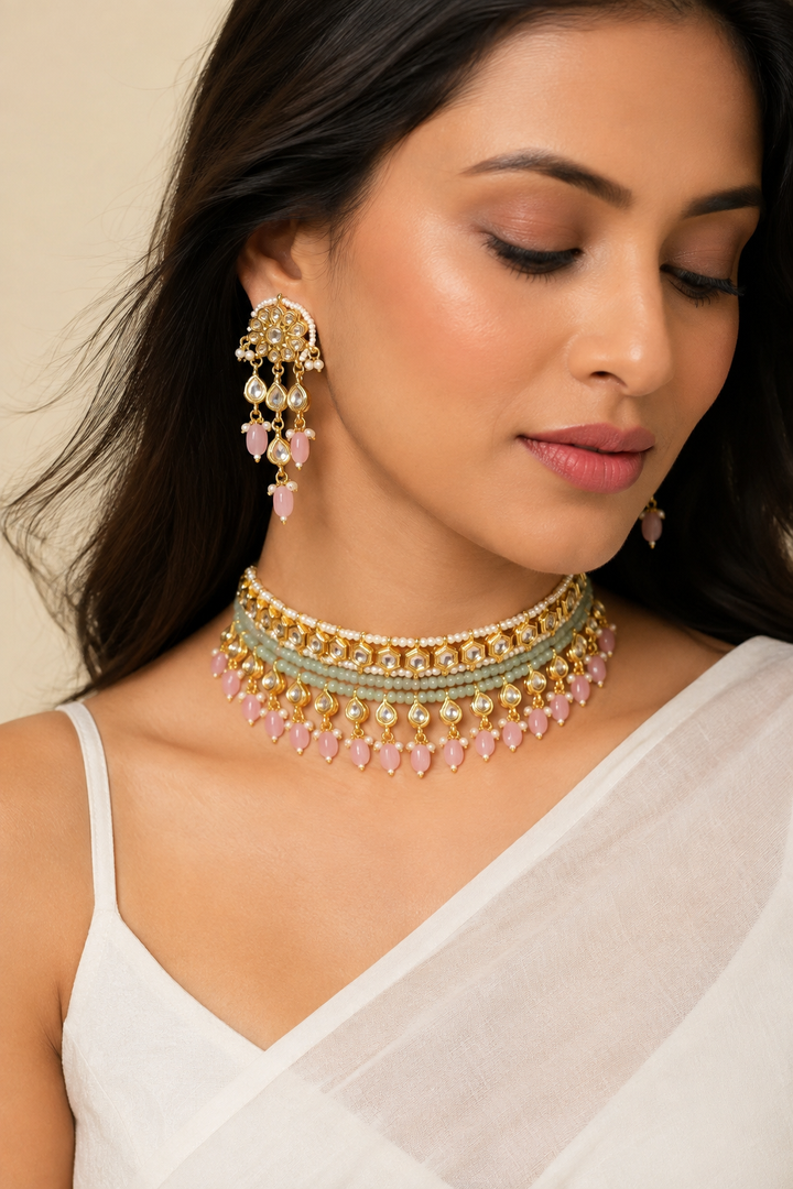 Dastoor Gold-Plated Pink  Green Kundan-Studded  Beaded Jewellery Set
