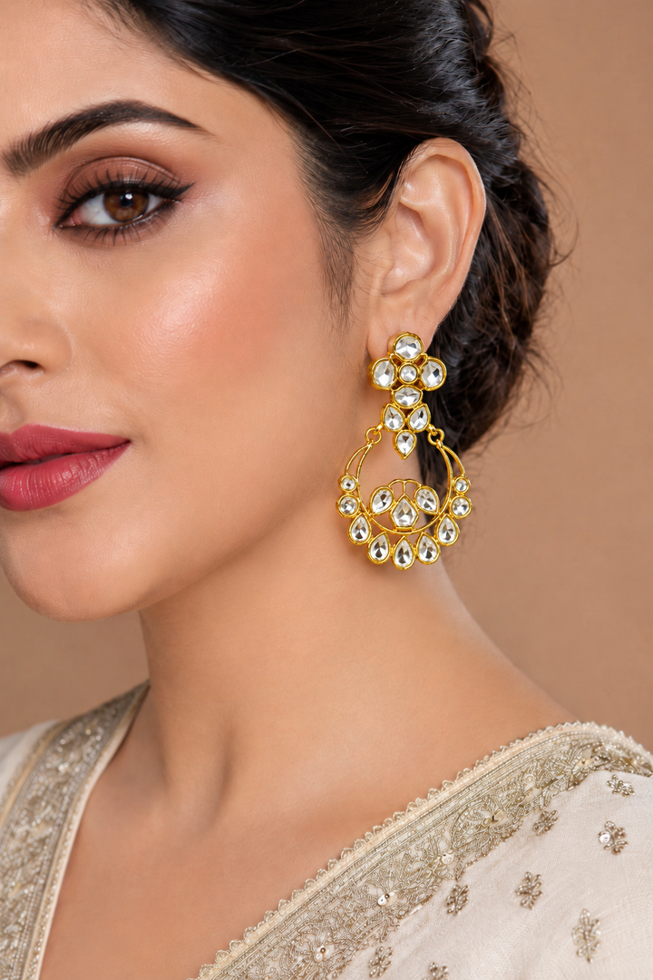 Gold Kundan Chandbali Drop Earrings