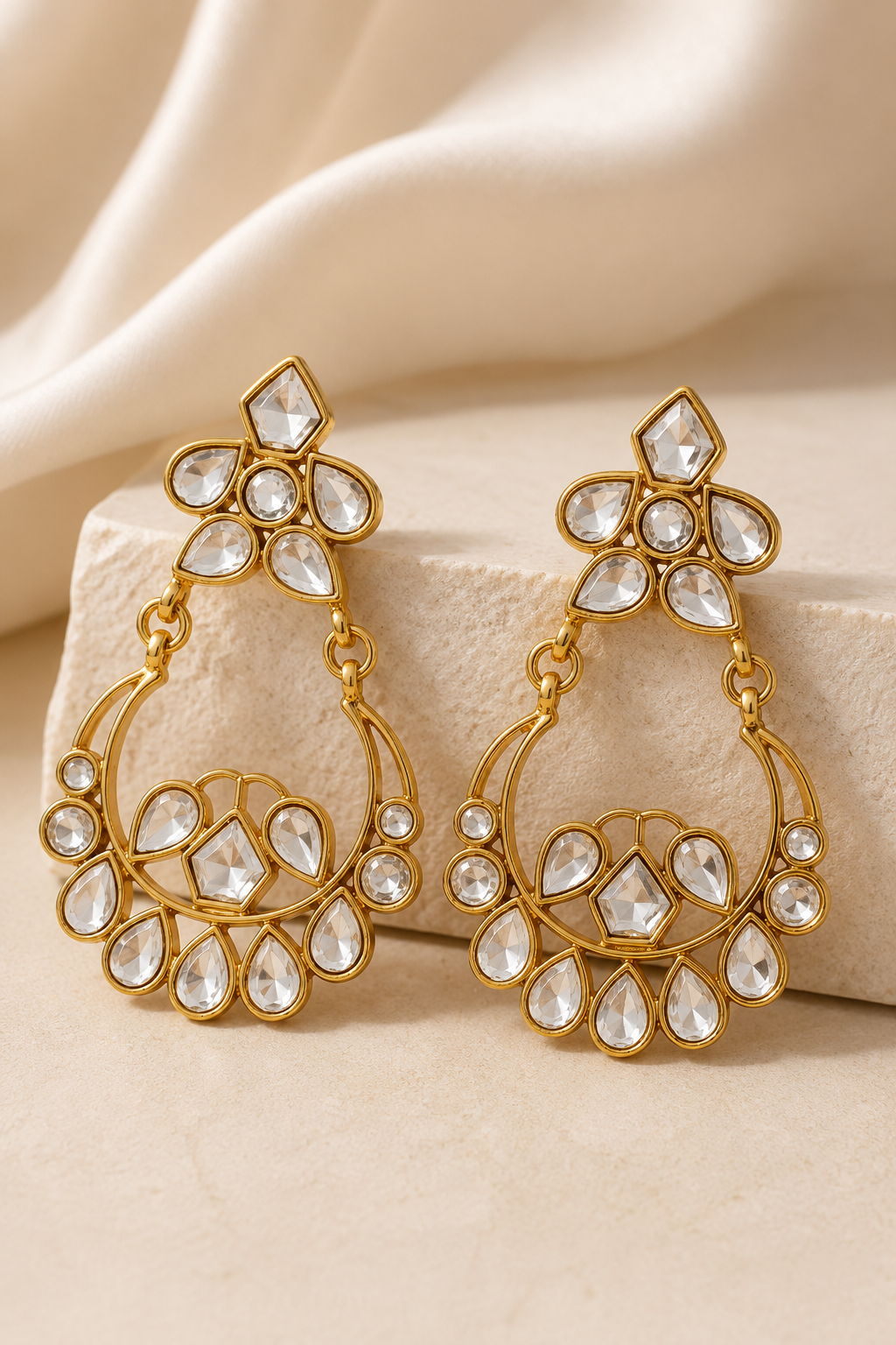 Gold Kundan Chandbali Drop Earrings