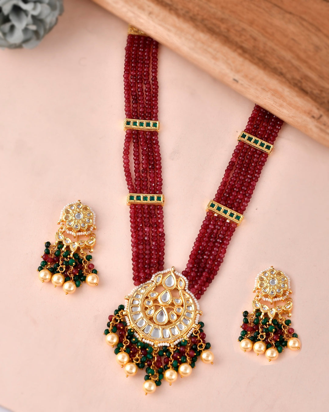 Nice Gold Plated Ruby Multi Layered Pendant Necklace Set