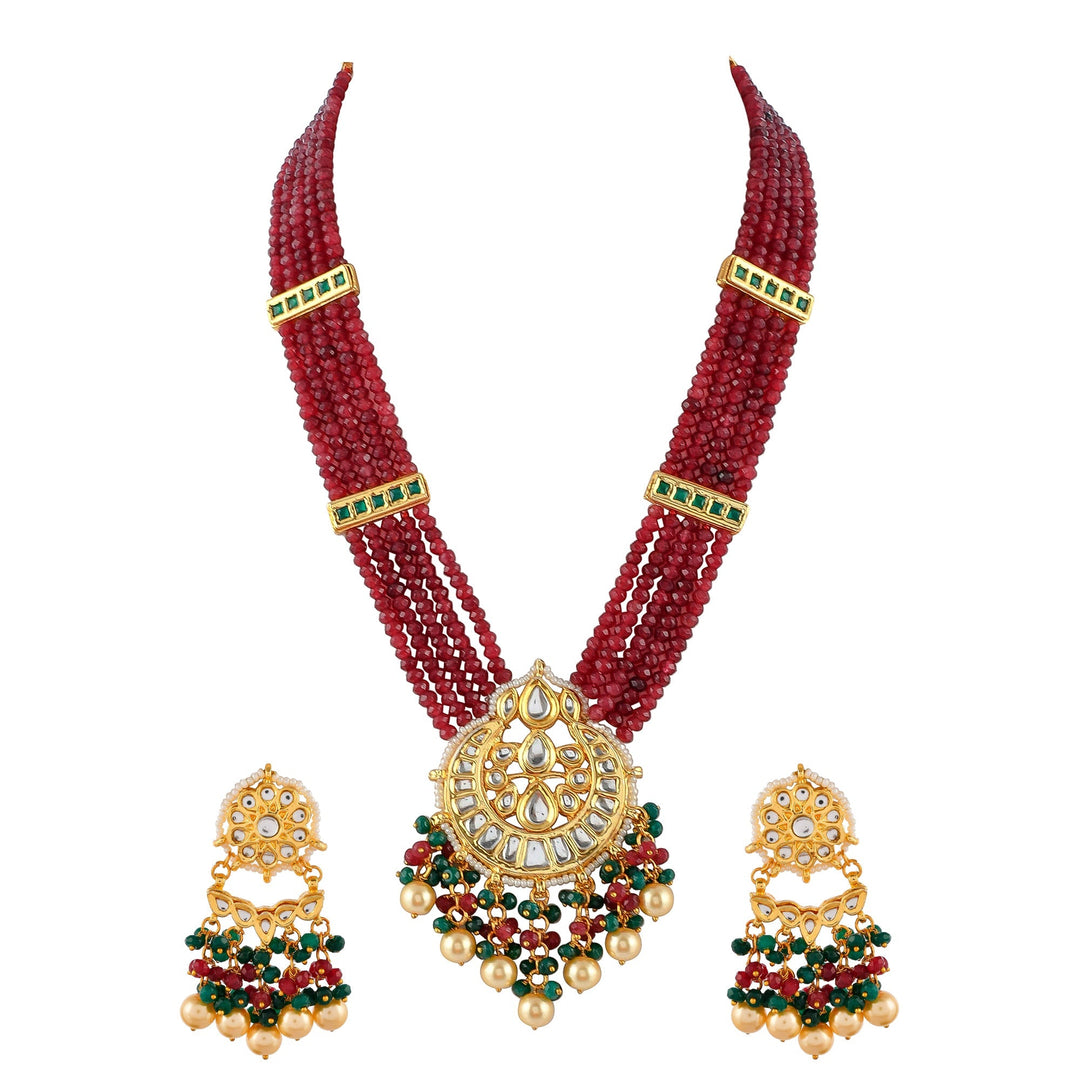 Nice Gold Plated Ruby Multi Layered Pendant Necklace Set