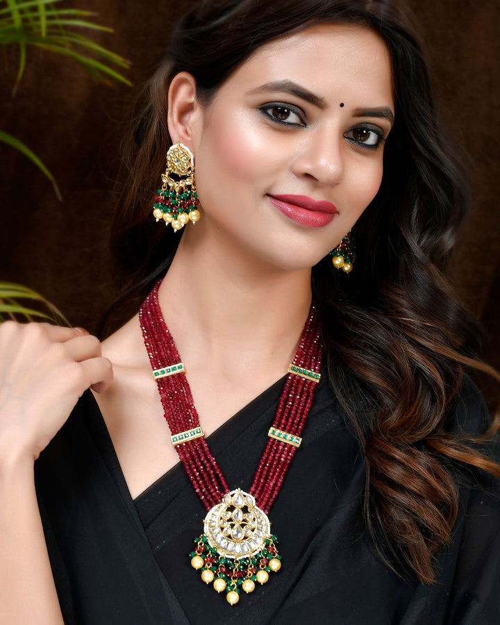 Nice Gold Plated Ruby Multi Layered Pendant Necklace Set