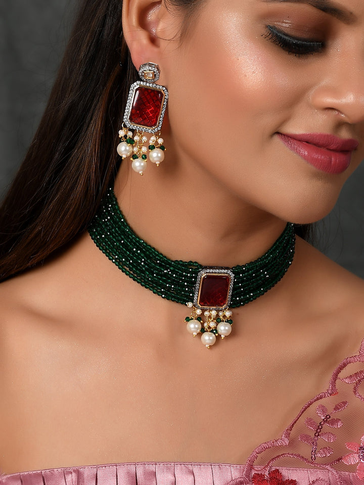 Dastoor Green  Red Kundan  Bead Studded Jewellery Set
